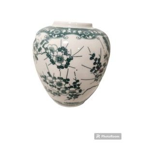 Japanese Oriental Ceramic Vase Sage And Beige Floral Pottery 5" X 4"